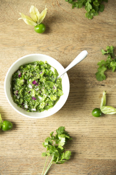 A bowl of tomatillo salsa
