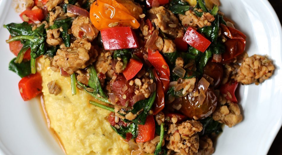 Tempeh Sausage and Heirloom Tomatoes over Black Pepper Cheezy Polenta Tempeh Sausage and Heirloom Tomatoes over Black Pepper Cheezy Polenta
