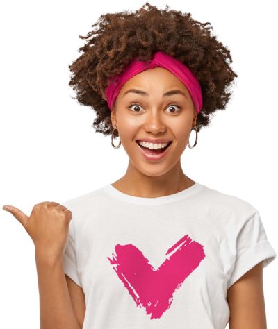 Woman pointing towards sign-up buttons