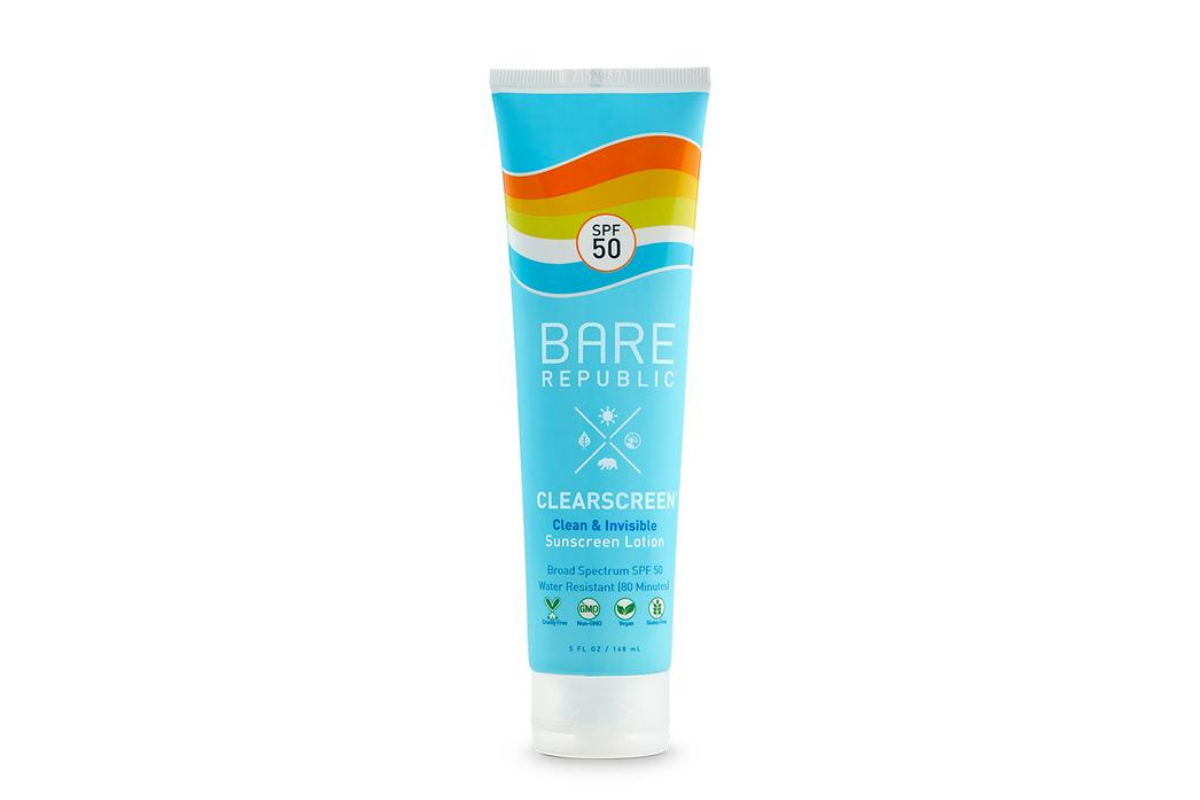 Blue Bare Republic Clearscreen SPF 50 Sunscreen tube on white background