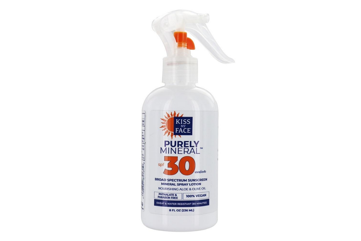 White Kiss My Face Purely Mineral SPF 30 Sunscreen spray bottle on white background