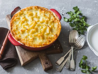 Vegan shepherd's pie. Potatoes, lentils and seasonal garden vegetables casserole. Autumn vegetarian lunch