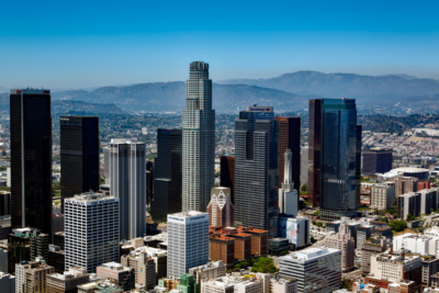 A photography of the Los Angeles city skyline